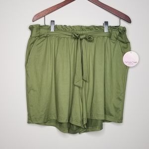 Olive Green Paper Bag Waist Belted Shorts Soft